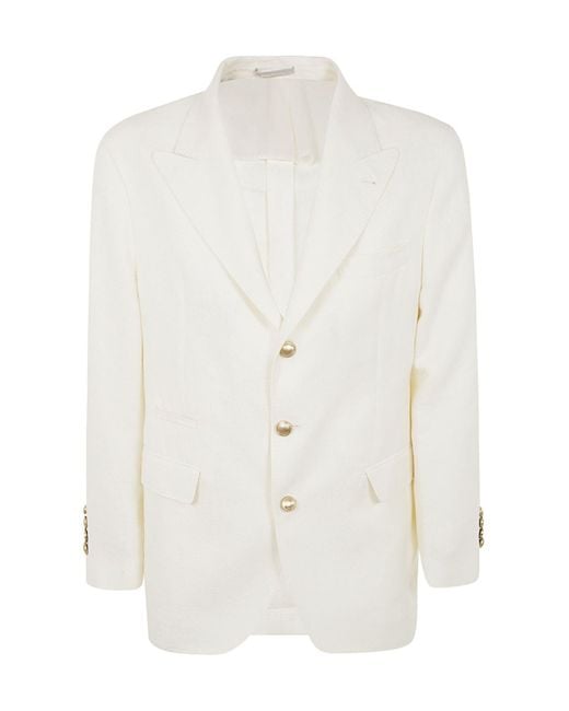 Brunello Cucinelli White Single-Breasted Curved Hem Blazer for men