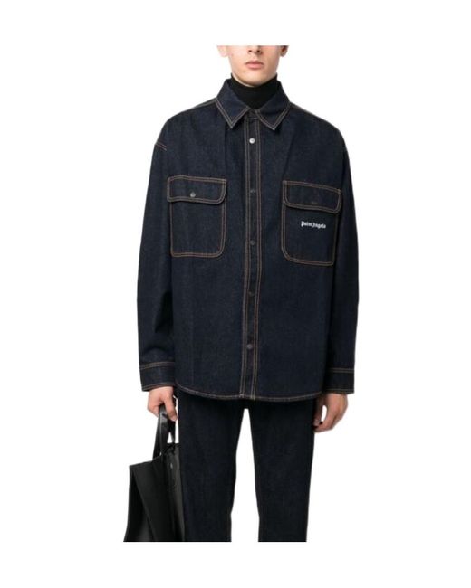 Palm Angels Blue Logo Embroidered Denim Shirt for men