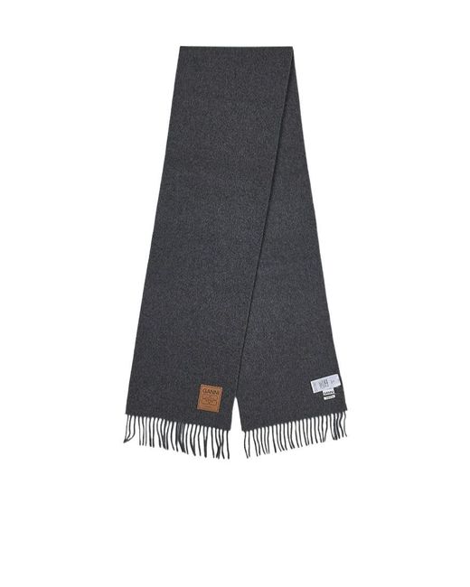 Ganni Blue Logo-Patch Fringed Edge Scarf