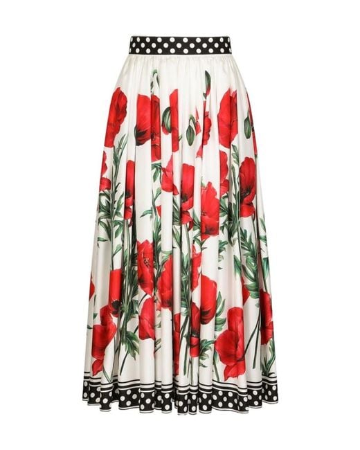 Dolce & Gabbana Red Poppy-Print High-Waisted Skirt