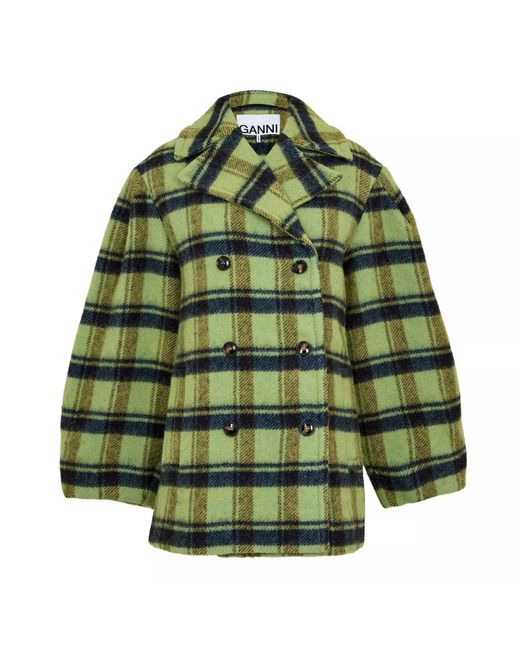 Ganni Green Brushed Wool Check Teddy Coat