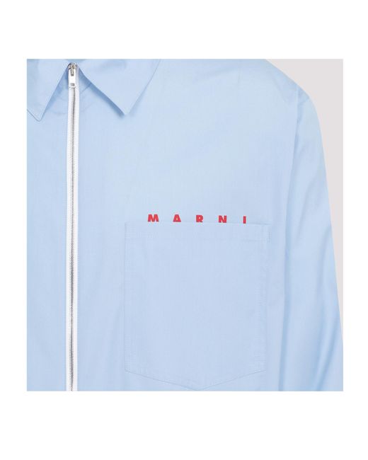 Marni Blue Logo-Printed Long-Sleeved Zipped Shirt for men