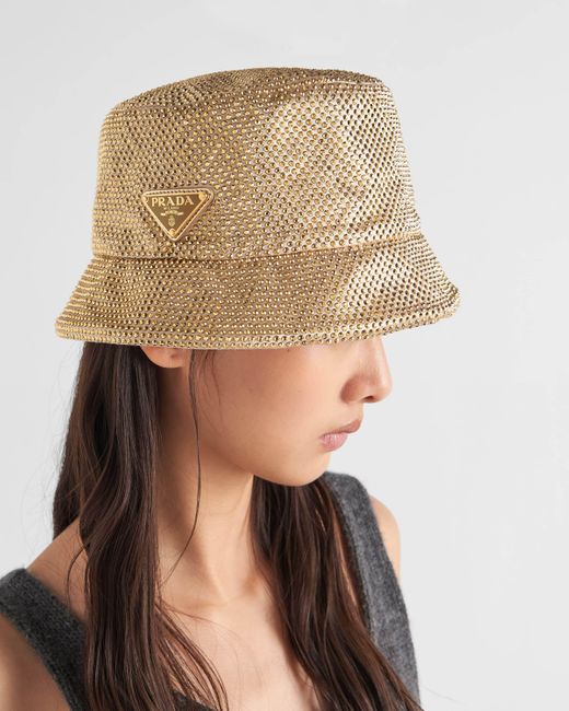Prada Natural Satin Bucket Hat With Crystals