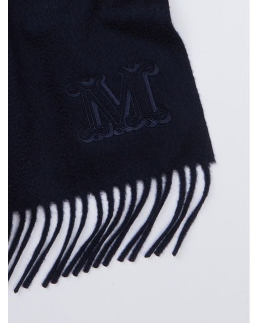 Max Mara Blue Logo Embroidered Fringe Scarf