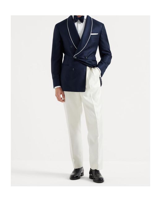 Brunello Cucinelli White Pleat-Detail Tuxedo Trousers for men