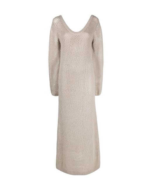 Brunello Cucinelli Natural Open-Knit Maxi Dress