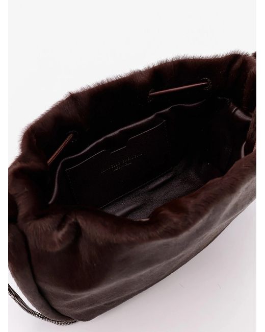 Brunello Cucinelli Brown Monili Detail Drawstring Shoulder Bag