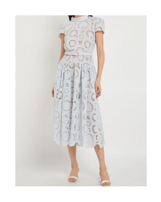 Self-Portrait White Belted Floral Lace Midi Dress
