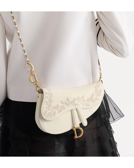 Dior White Small Saddle Bag With Chain
