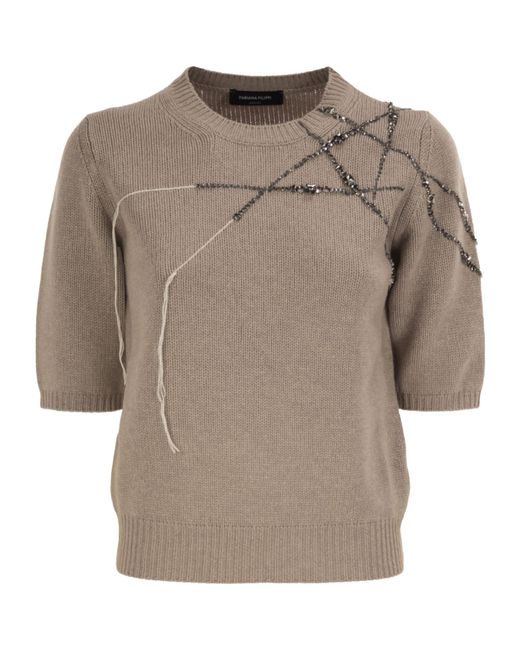 Fabiana Filippi Brown Rhinestone Short-Sleeve Knitted Sweater