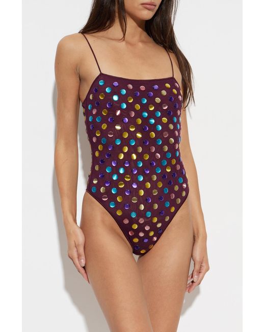 Oseree Red Oséree Bubble Mesh Embellished Swimsuit