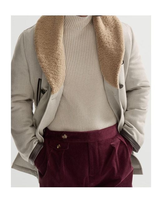 Brunello Cucinelli Natural Wool And Cashmere Cavalry Coat With Thermore Padding And Shearling Collar for men