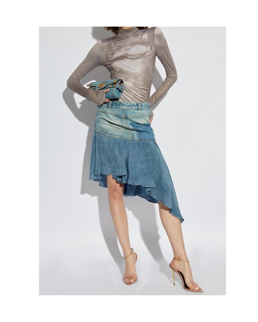 Balmain Blue Logo Patch Asymmetric Denim Ruffled Short Skirt