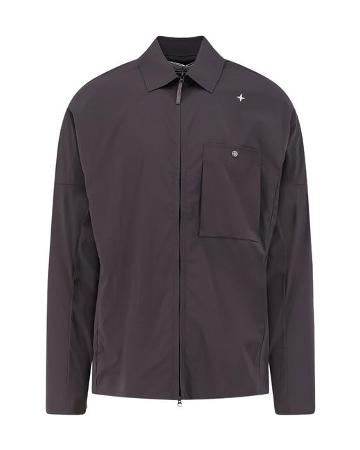 Stone Island Blue Logo Embroidered Zipped Shirt for men