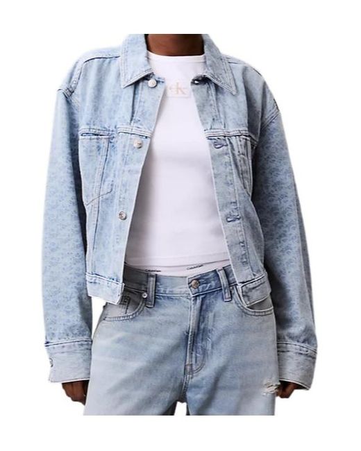 Calvin Klein Blue Monogram Logo Cropped Denim Jacket