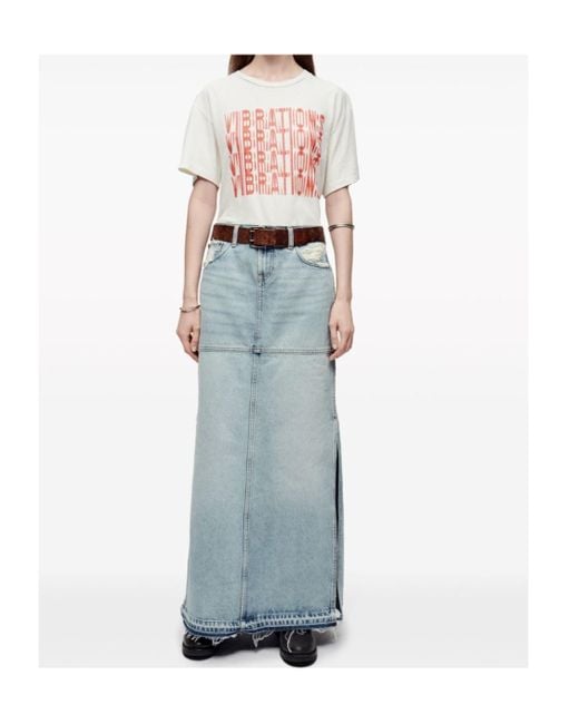 Re/done Blue Side-Slit Distressed Denim Maxi Skirt