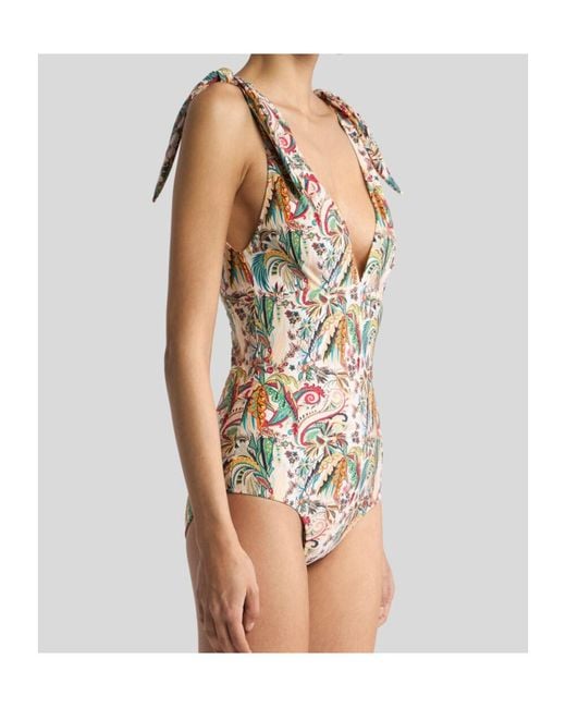 Etro White One-Piece Swimsuit With Paisley Foliage Motif