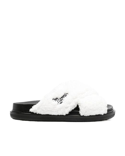 Marni White Logo-Embroidered Shearling Sandals
