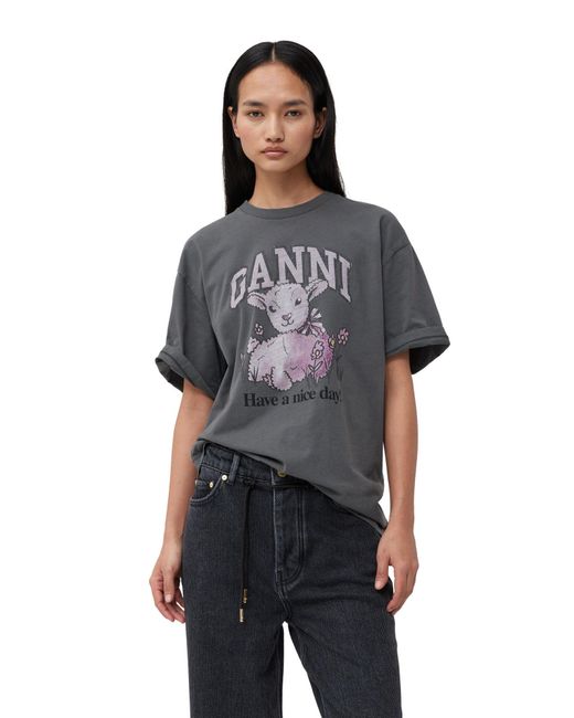 Ganni Gray Logo Printed Crewneck T-Shirt