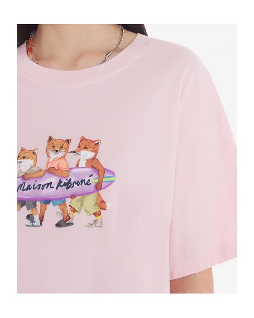 Maison Kitsuné Pink Surfing Foxes-Print Cotton T-Shirt