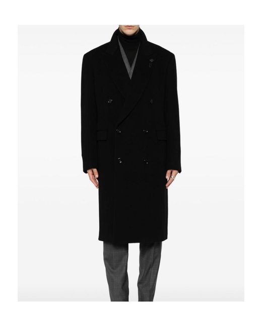 Lardini Black Double-Breasted Peaked-Lapel Coat for men