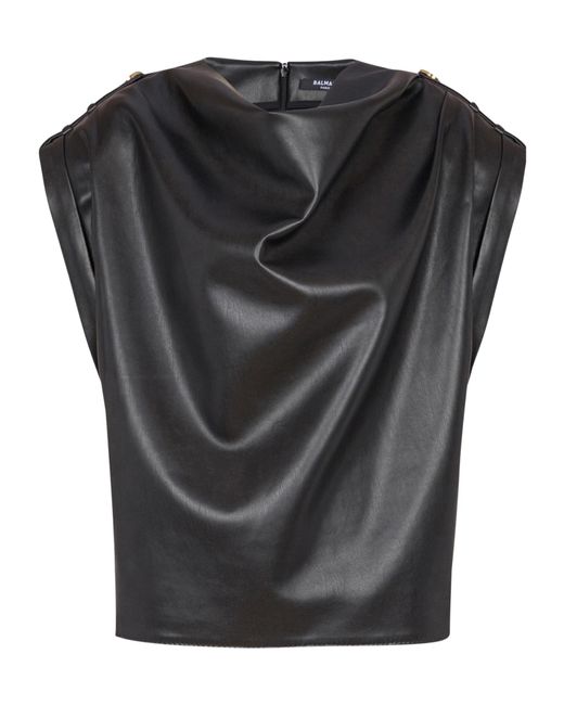 Balmain Black Faux Leather Draped Top