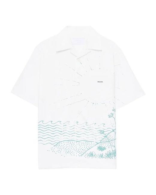 Prada White Wave Printed Short-Sleeved Shirt for men
