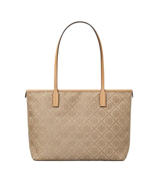 Tory Burch Natural T Monogram Small Zip Tote