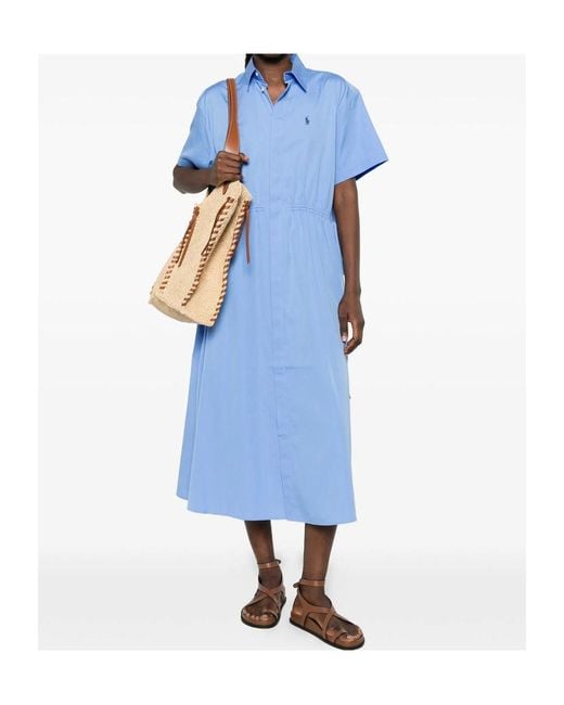 Ralph Lauren Blue Polo Buttoned Drawstring Midi Dress