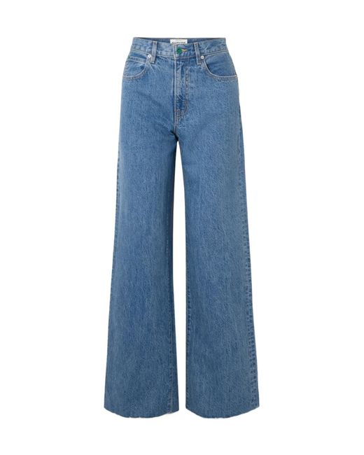 SLVRLAKE Denim Blue Grace Frayed Mid-Rise Wide-Leg Jeans