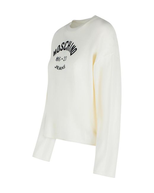Moschino White Jeans Logo Embroidered Knitted Jumper