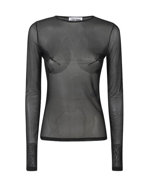 Jean Paul Gaultier Gray Mesh Crewneck Long Sleeves Top Embroidered