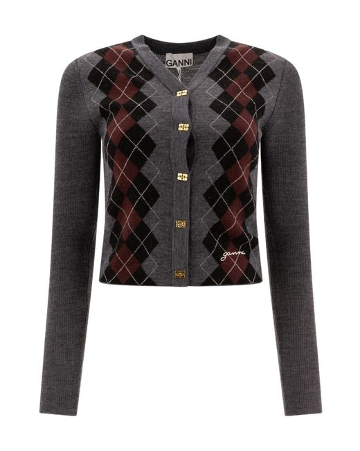 Ganni Black Argyle Knit Cardigan