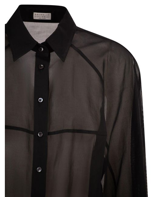 Brunello Cucinelli Black Cotton Organza Stripe Shirt With Necklace