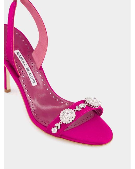 Manolo Blahnik Pink Satin Embellished Slingback Sandals