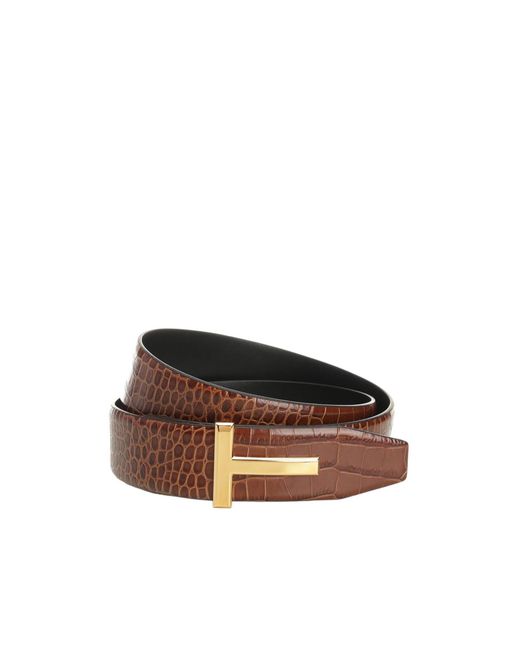 Tom Ford Brown Crocodile-Patterned Double-Sided T-Belt for men