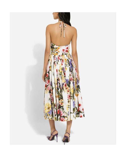 Dolce & Gabbana White Garden Printed Calf-Length Dress