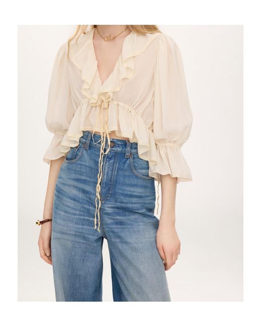 Chloé White Lace V-Neck Ruffle Top