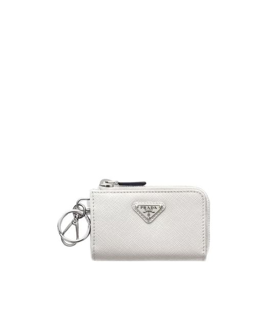 Prada White Saffiano Leather Mini Pouch With Keychain for men