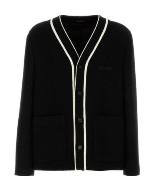 Gucci Black Logo Embroidered Button-Up Knit Cardigan for men