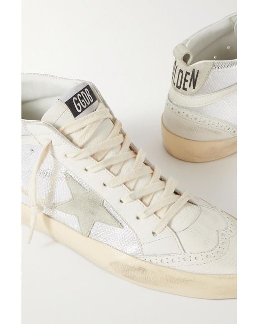 Golden Goose Deluxe Brand White Mid Star Distressed Suede-Trimmed Metallic Snake-Effect Leather Sneakers