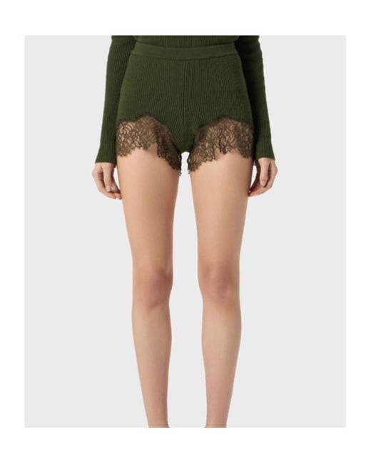 Blumarine Green Ribbed Lace-Trimmed Shorts