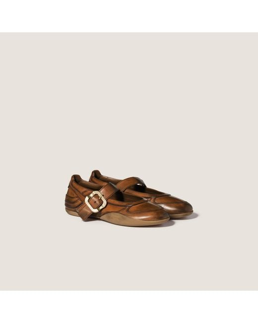 Miu Miu Brown Gymnasium Leather Ballerinas With Strap And Buckle