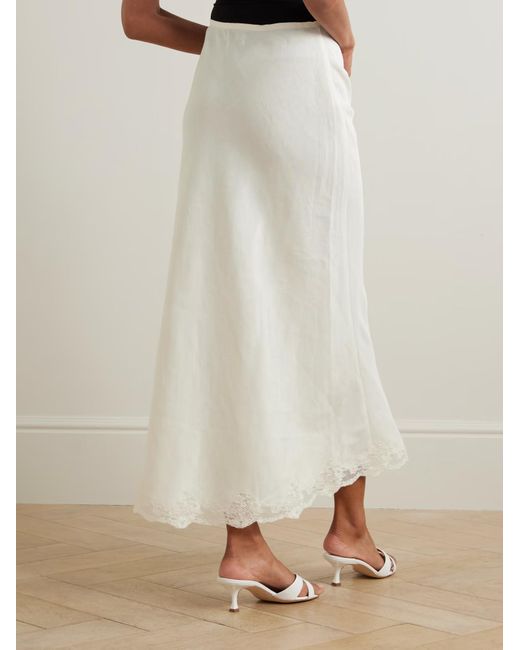Rixo White Crystal Lace-Trimmed Linen-Blend Midi Skirt