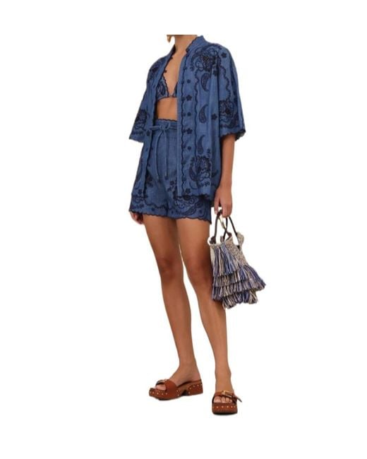 Zimmermann Blue Aster Embroidered Denim Shorts