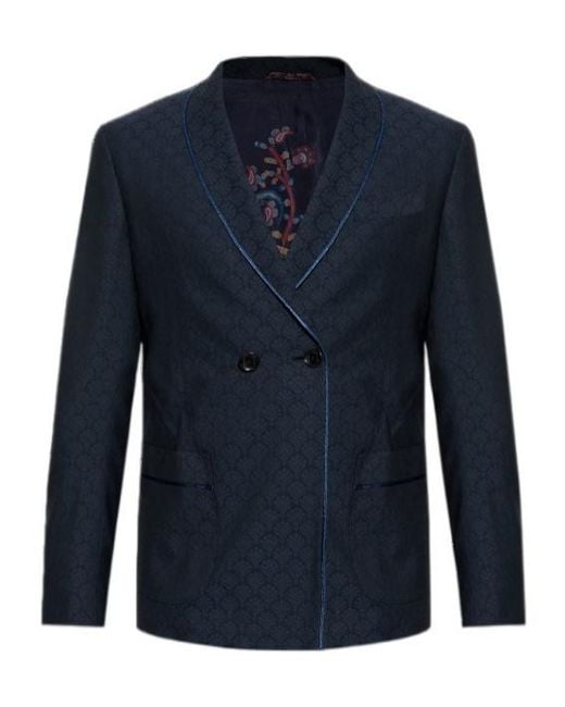 Etro Blue Patterned Double-Breasted Blazer for men