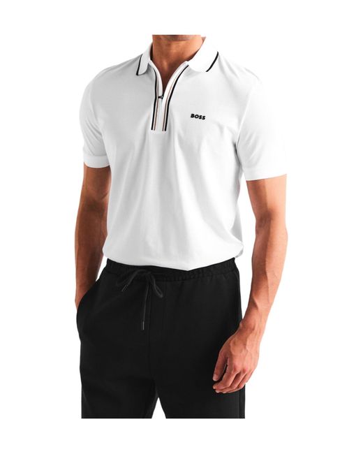 Boss White Slimfit Zipup Polo Shirt for men