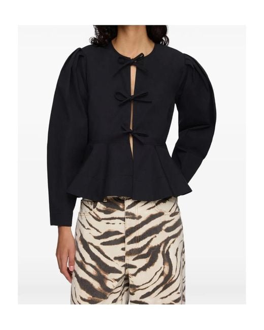 Ganni Black Bow Peplum Blouse