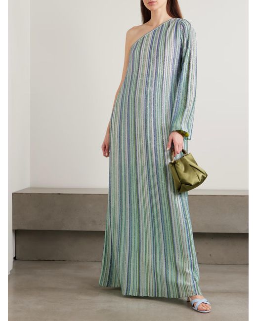 Missoni Blue One-Shoulder Sequined Striped Crochet Dress