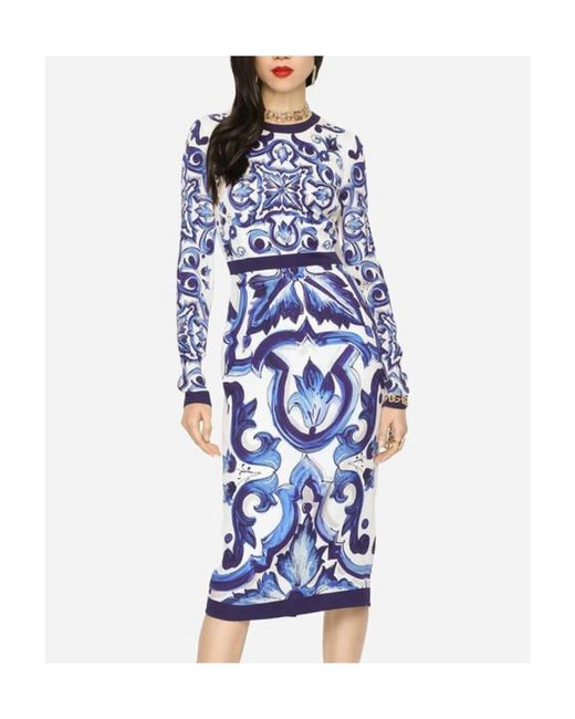 Dolce & Gabbana Blue Silk-blend Majolica Print Midi Dress